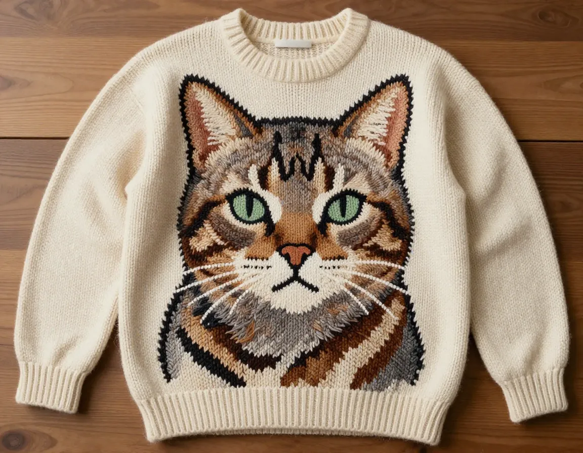 Intricate tabby intarsia knit sweater detailed cat portrait