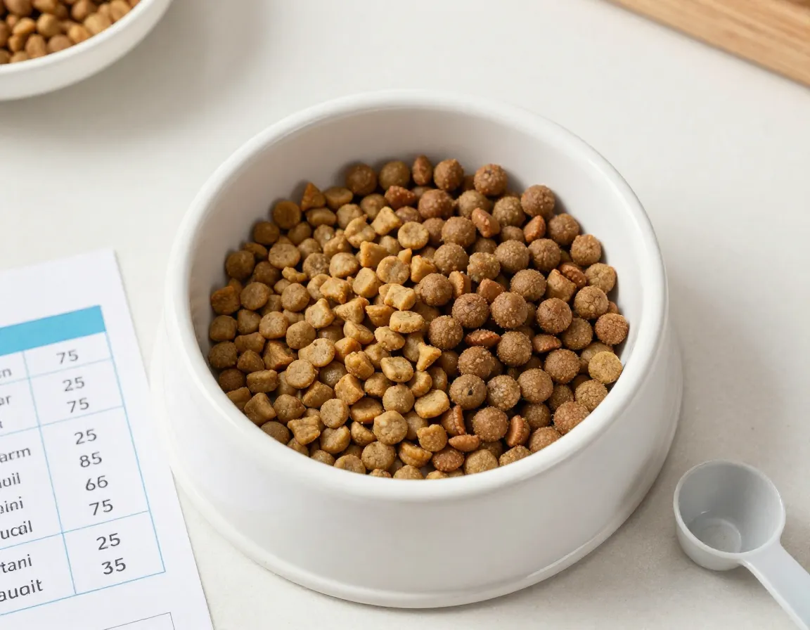 Overhead view of bowl with seventy five percent kitten food mix