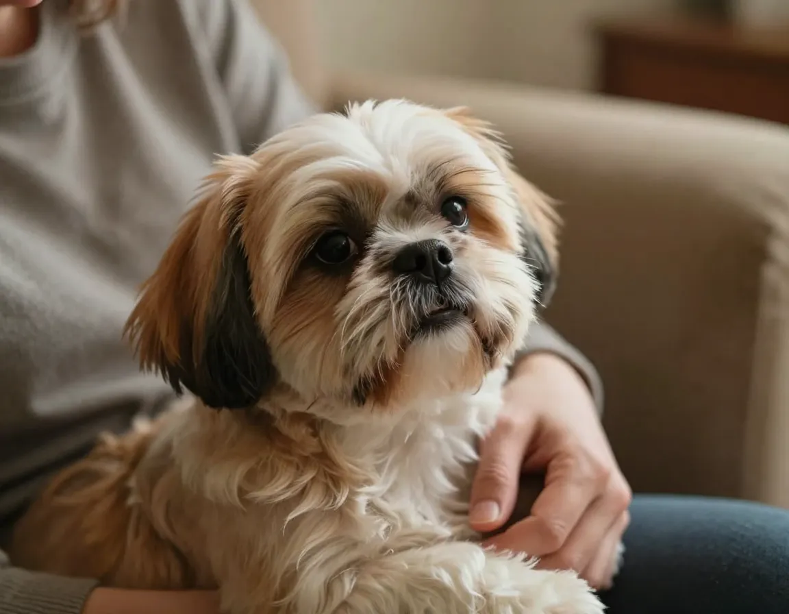 Single shih tzu snuggled in lap adoring human companion