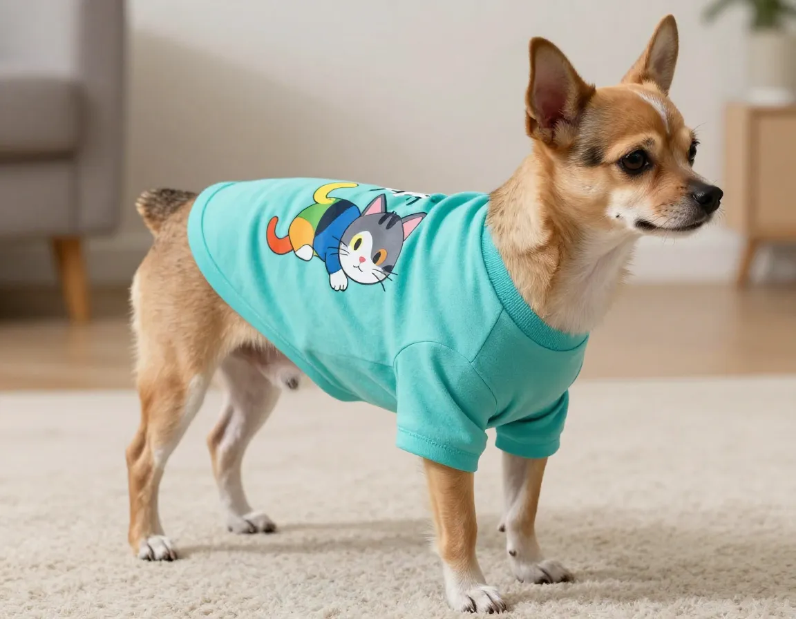 Small dog wearing classic cat jack graphic tee indoors