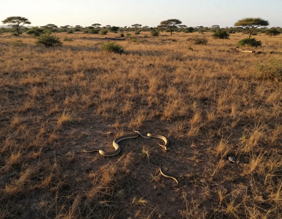 West african savanna grassland sun baked dry soil sparse acacia trees