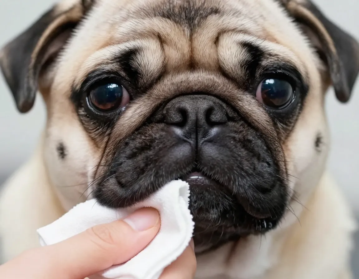 Expressive pug puppy face close up showing deep cleaning routine