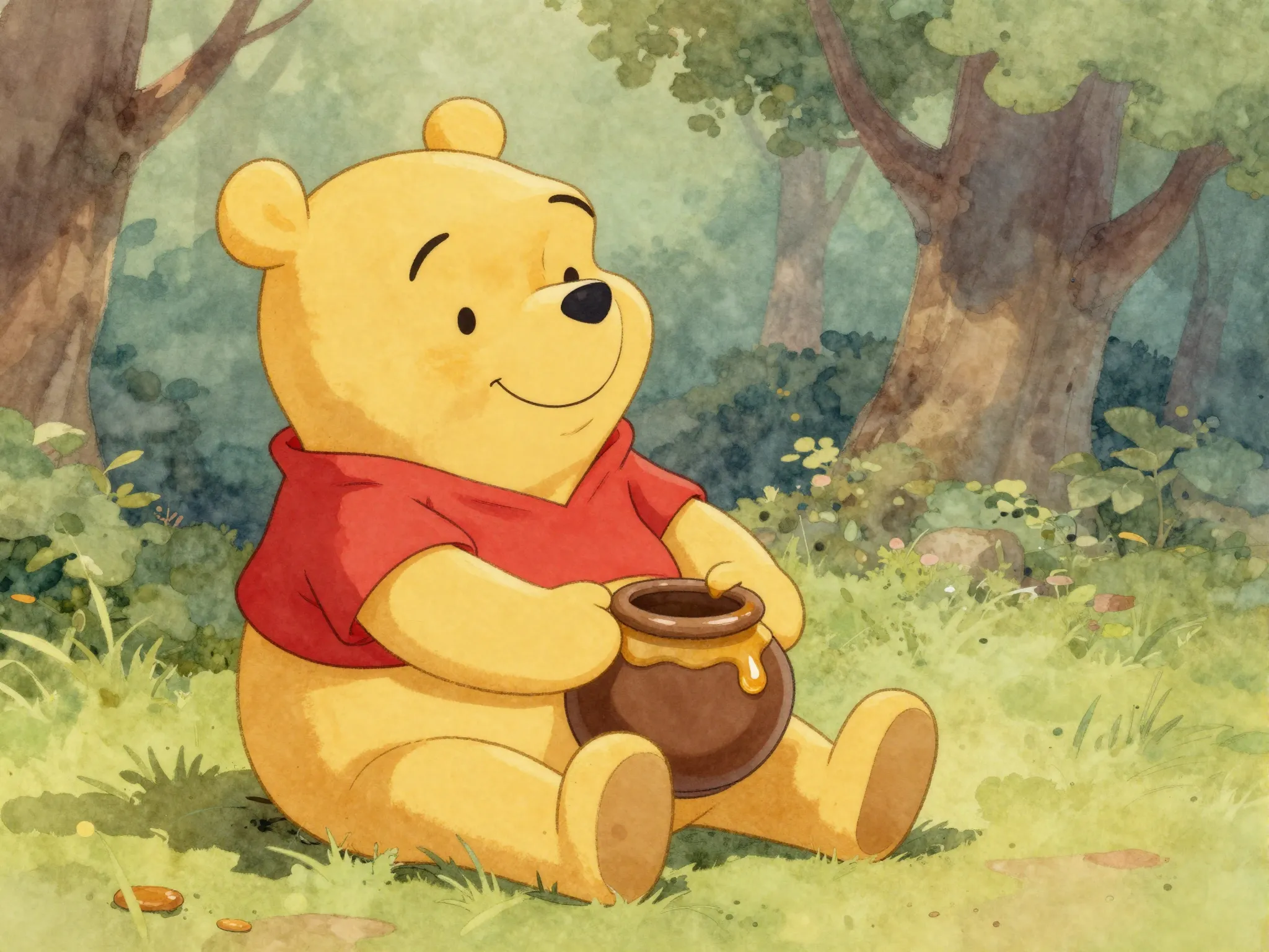 Round honey loving bear in red shirt sitting thoughtfully
