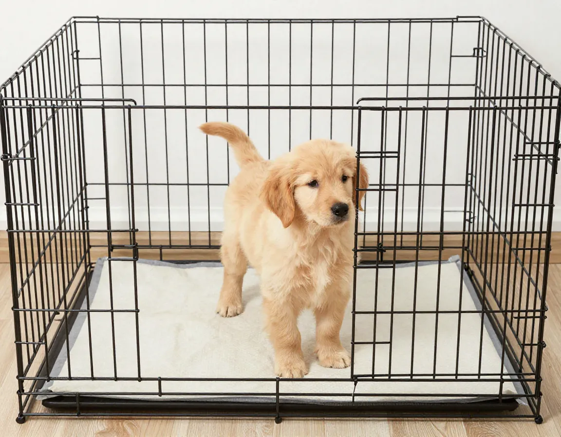 Small golden retriever puppy in correctly sized wire crate