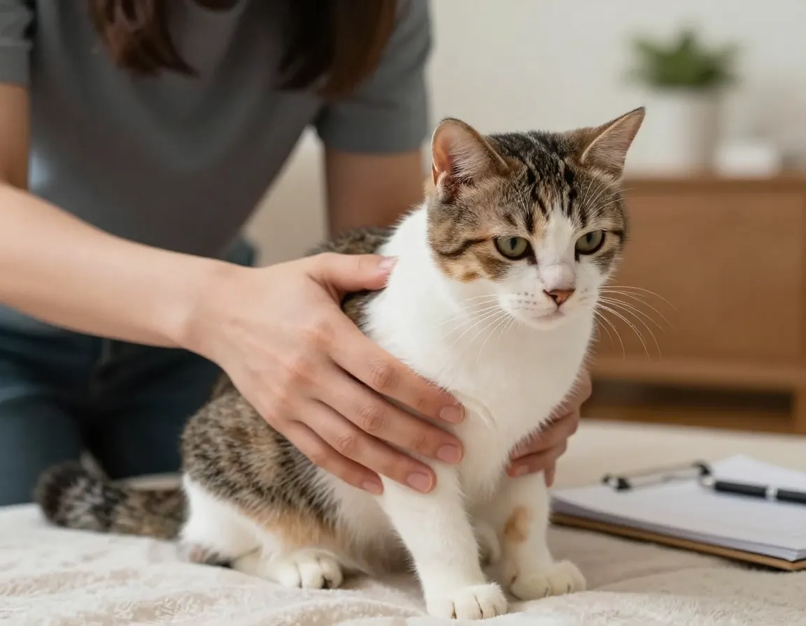 Veterinarian checking kittens stomach for digestive upset