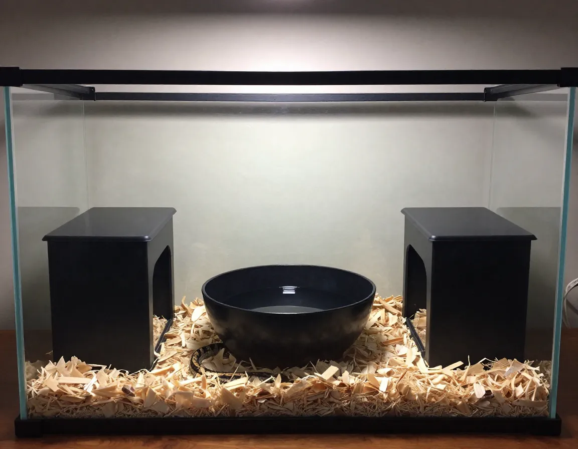 Glass terrarium aspen substrate two hide boxes water bowl