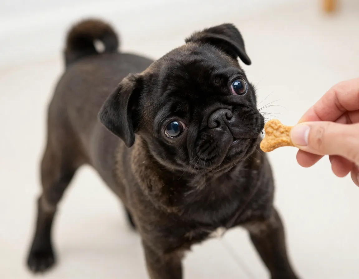 Playful pug puppy performing comical head tilt during treat time