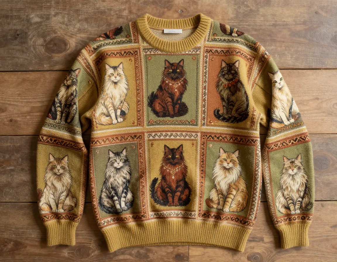Vintage persian cat illustration pattern sweater muted color palette