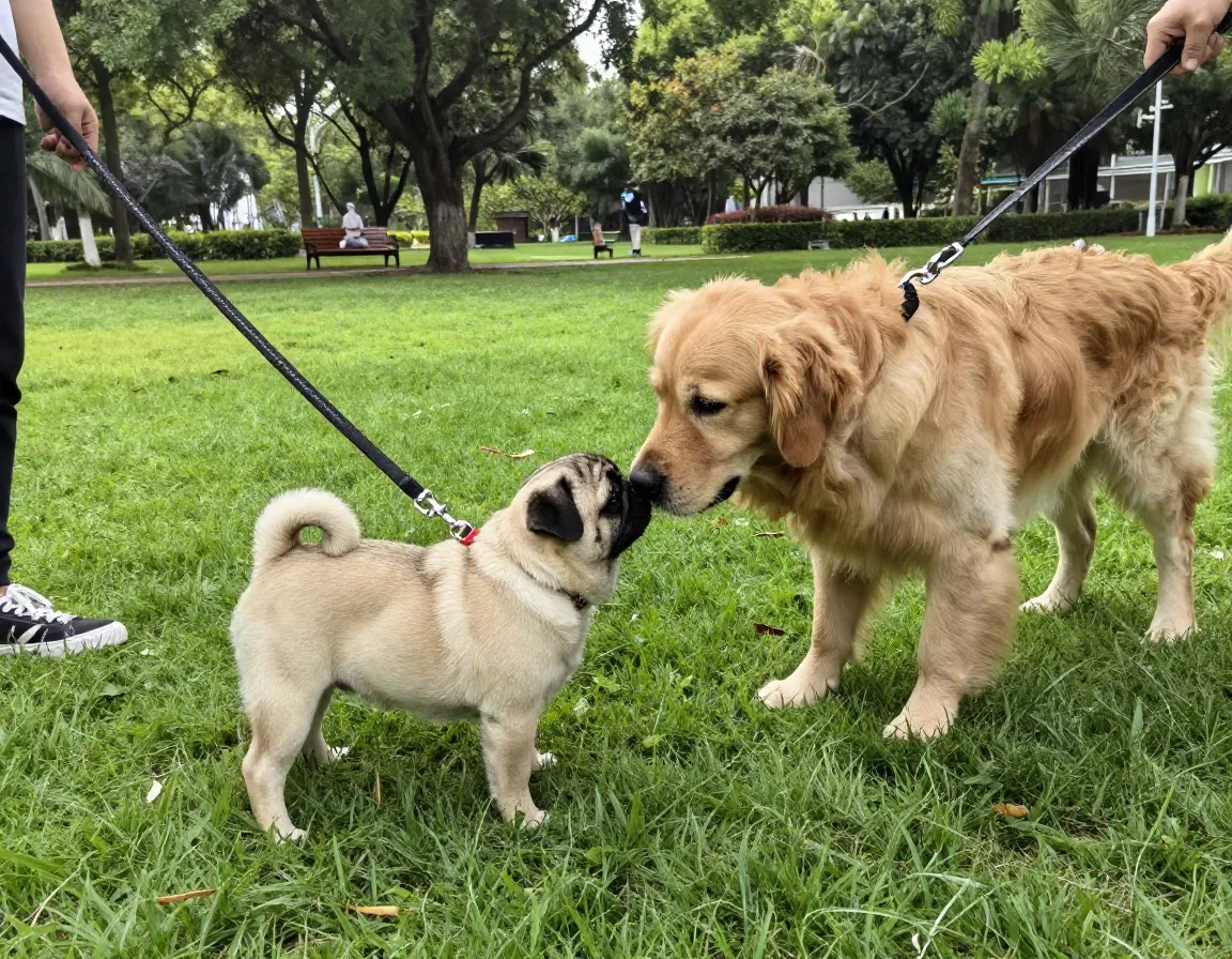 Confident pug puppy socializing with a large dog in a park