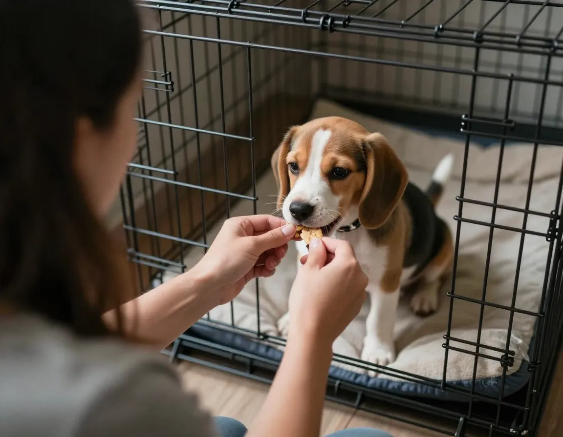 Owner closing crate door while puppy enjoys special treat inside