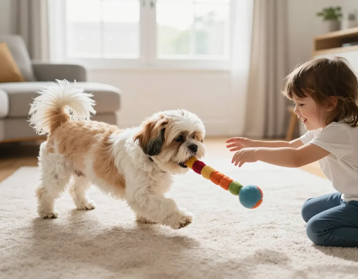 Shih tzu gently playing tug of war with child indoors