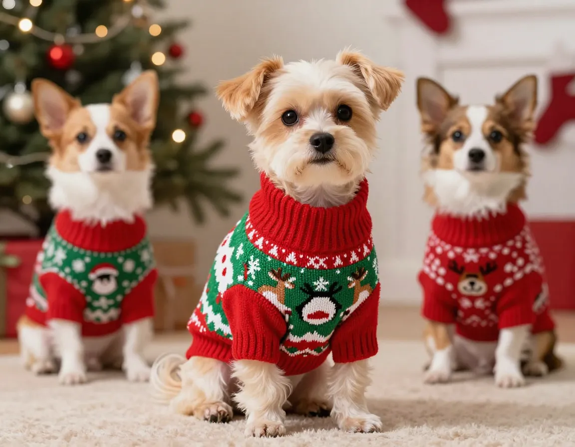 Small dog wearing a holiday themed christmas sweater