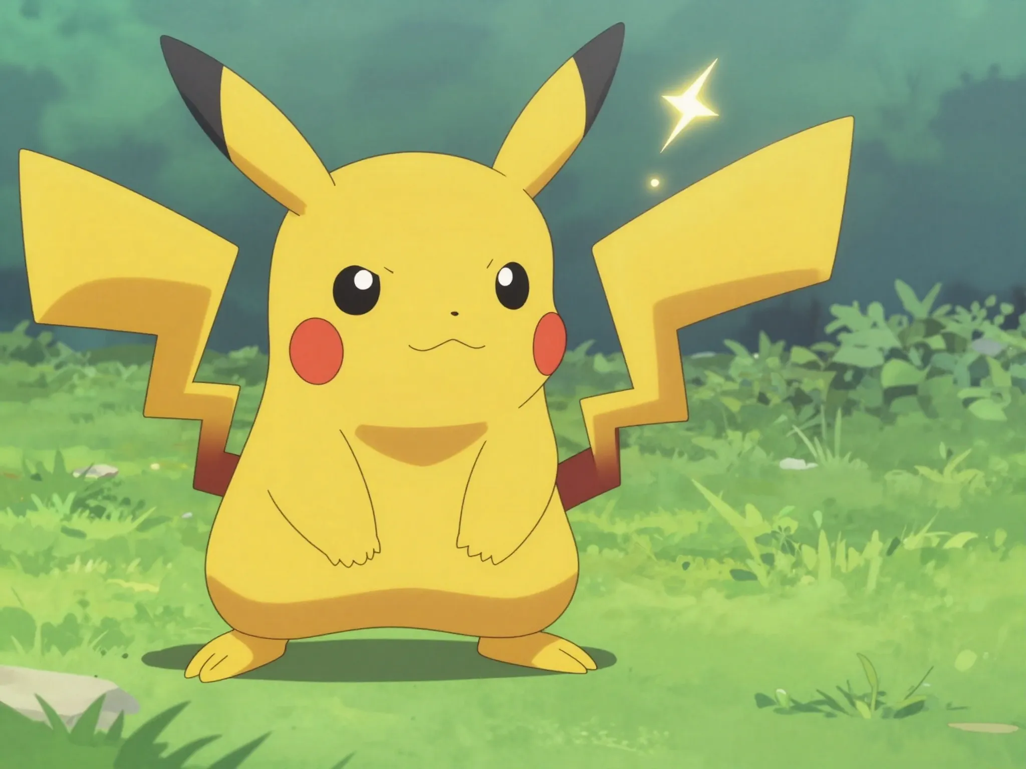 Yellow electric mouse with lightning tail looking determined