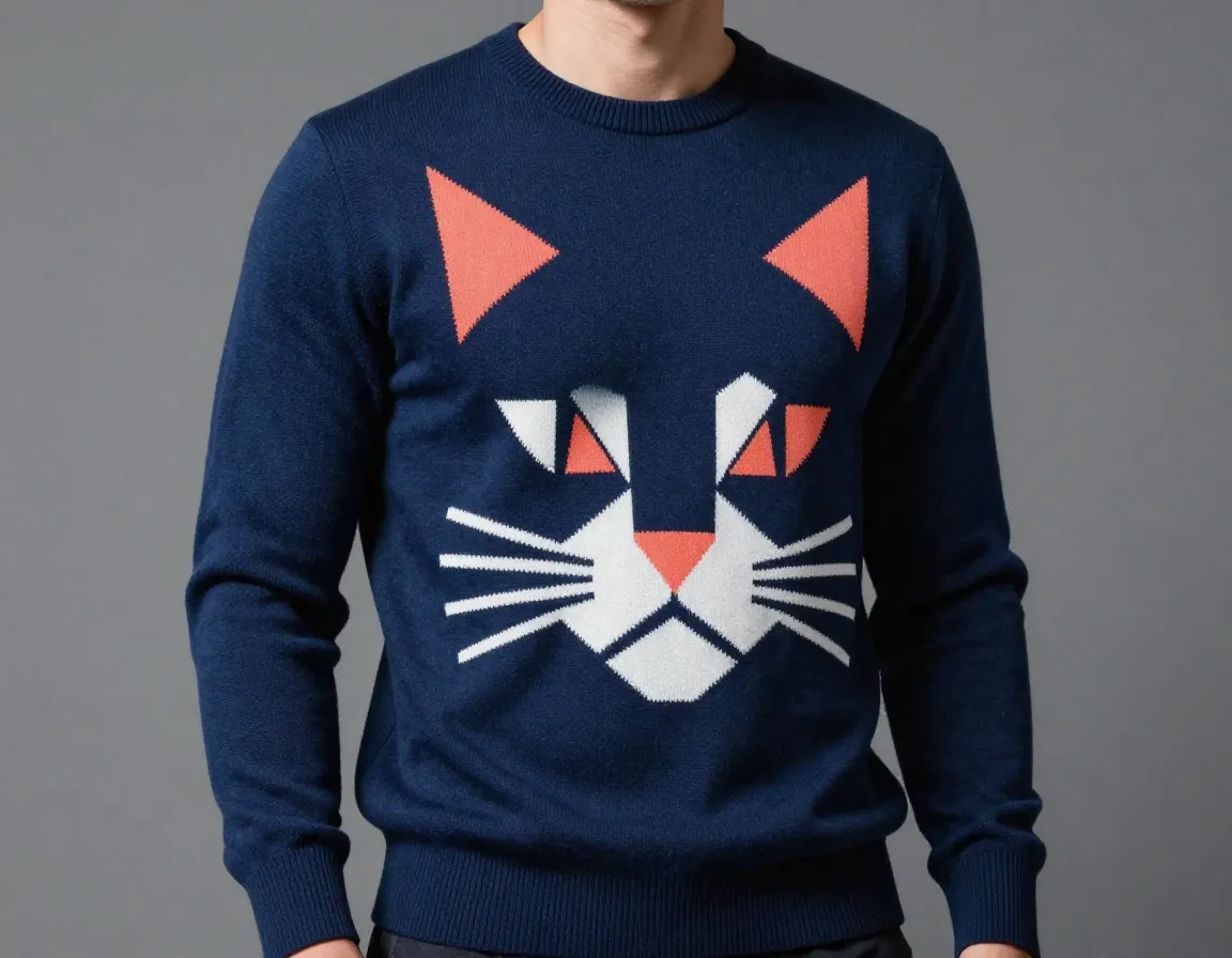 Geometric cat face design angular shapes bold color sweater