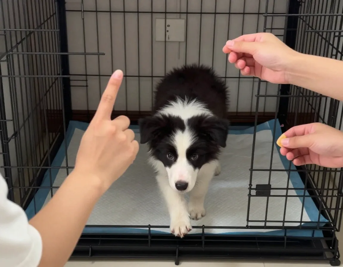 Owner using hand signal as puppy enters crate on command