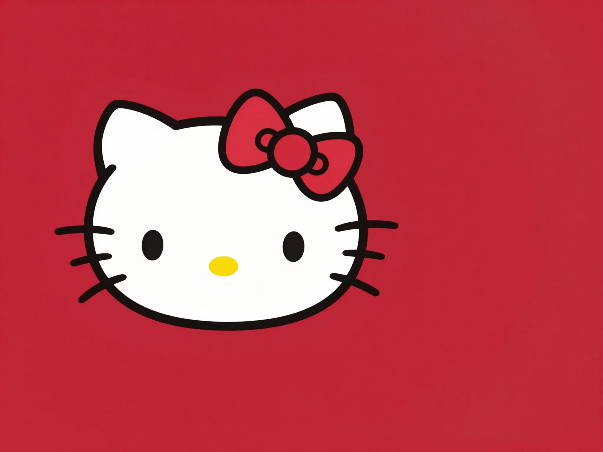 Simple white cat with pink bow on solid red background