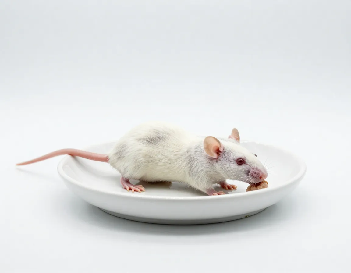 Thawed white lab rat on ceramic feeding dish white background