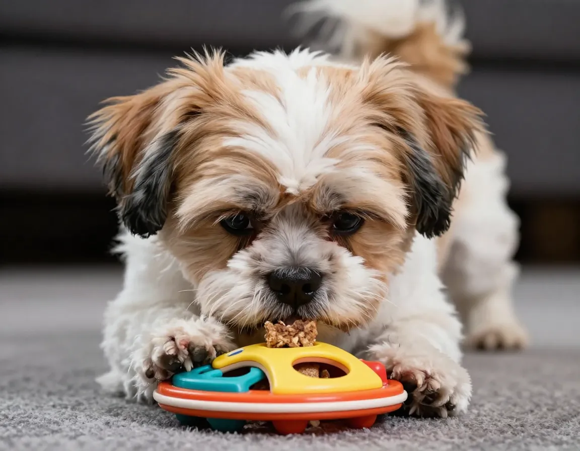 Alert shih tzu solving treat puzzle toy with focus