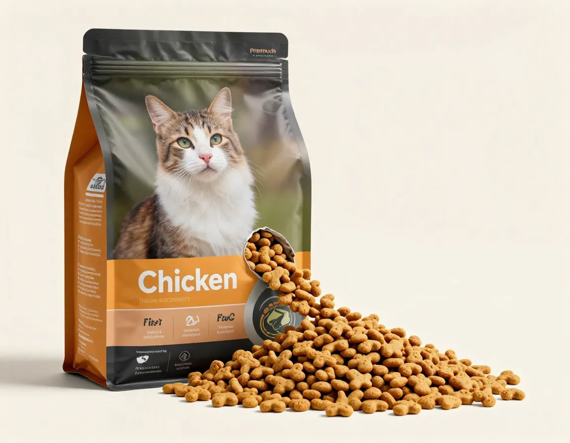 Pouring premium adult cat food with chicken first ingredient