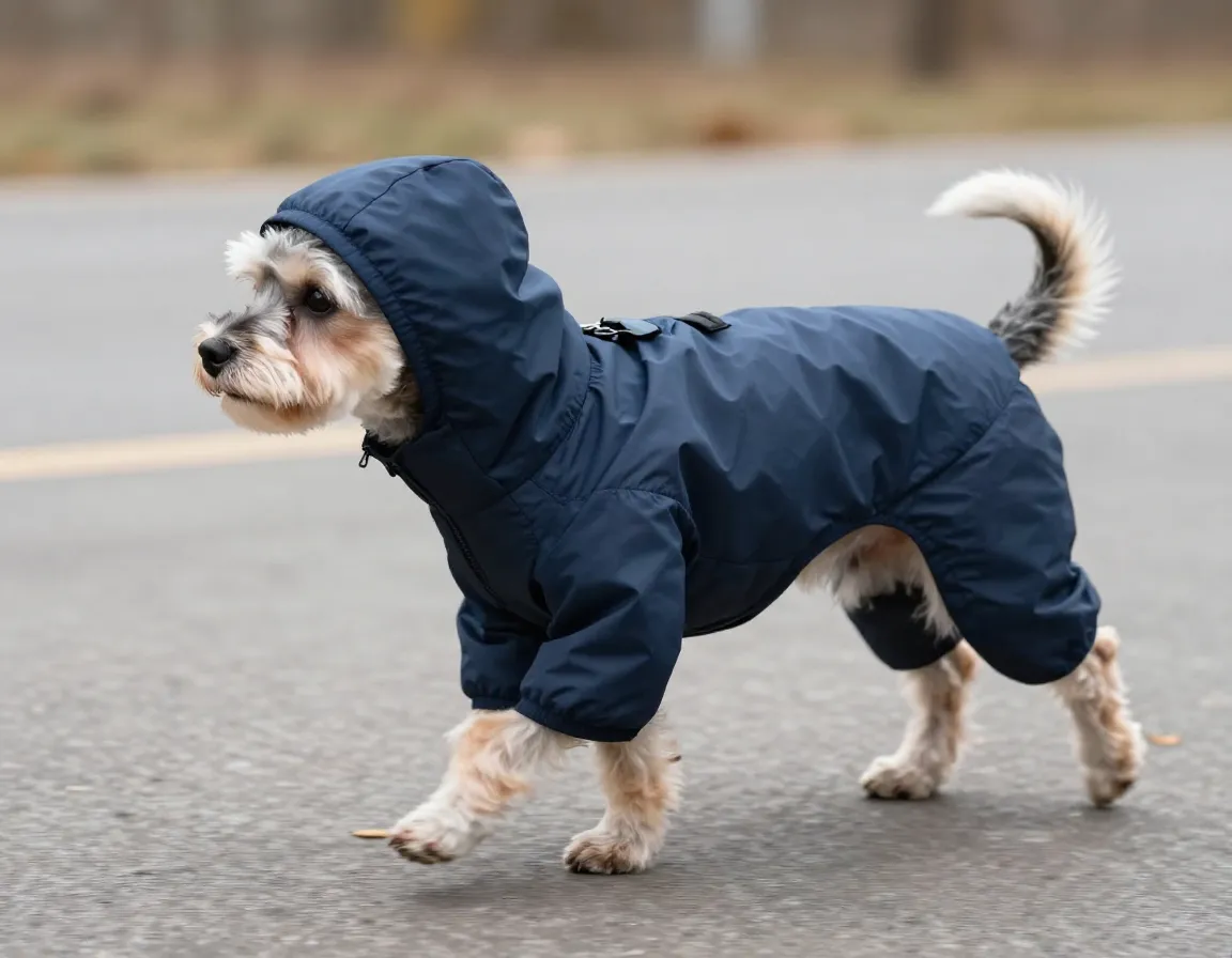 Small dog in a lightweight hooded jacket on a cool day
