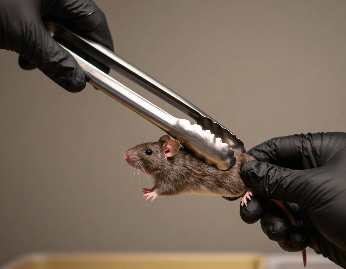 Stainless feeding tongs holding thawed rat tail black glove