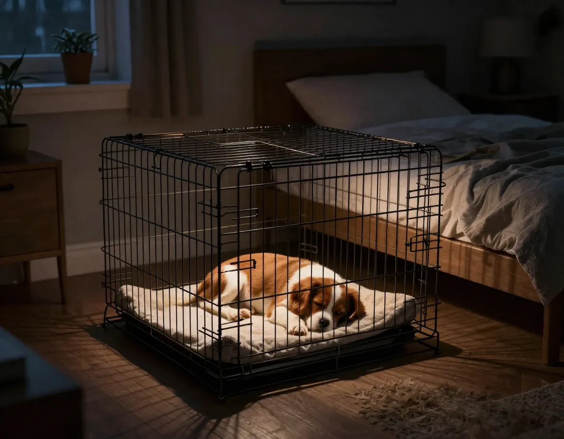 Wire crate placed beside a bed with sleeping puppy inside at night