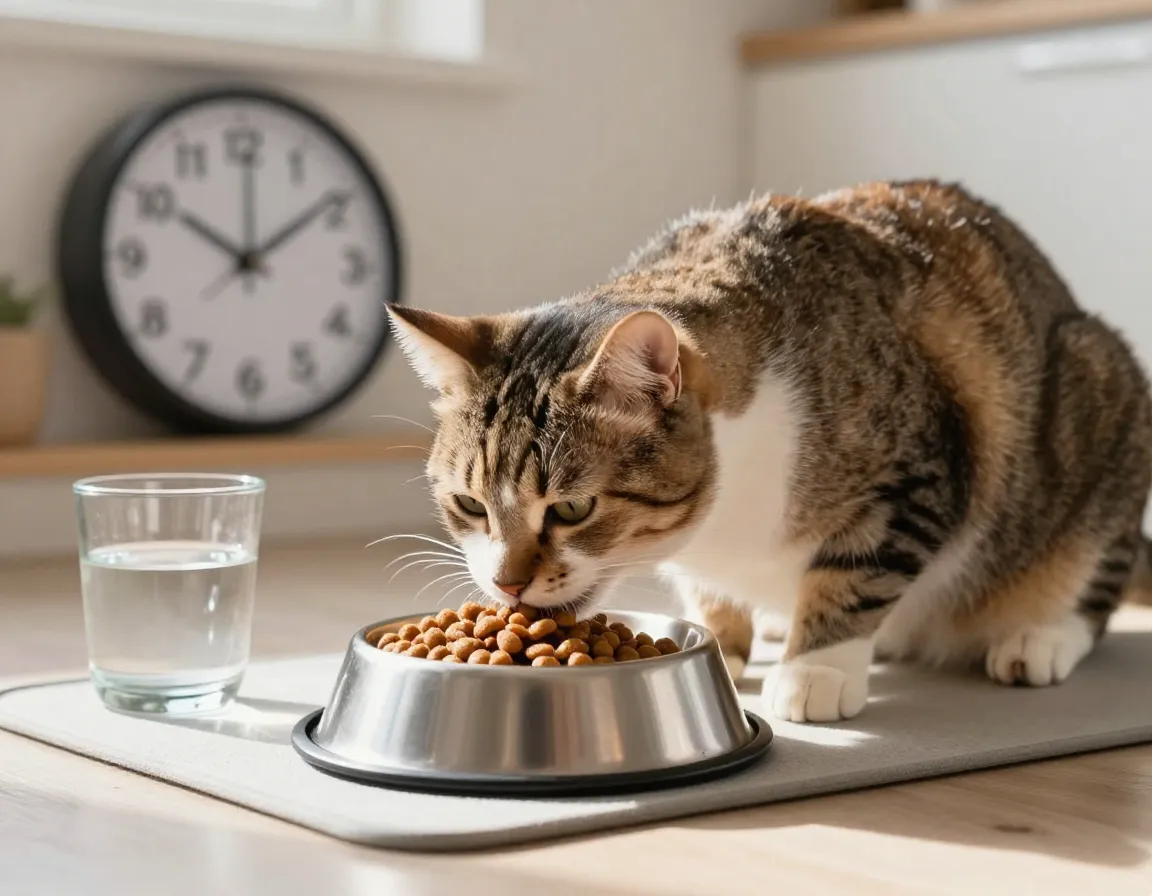 Adult cat eating measured portion at scheduled morning time