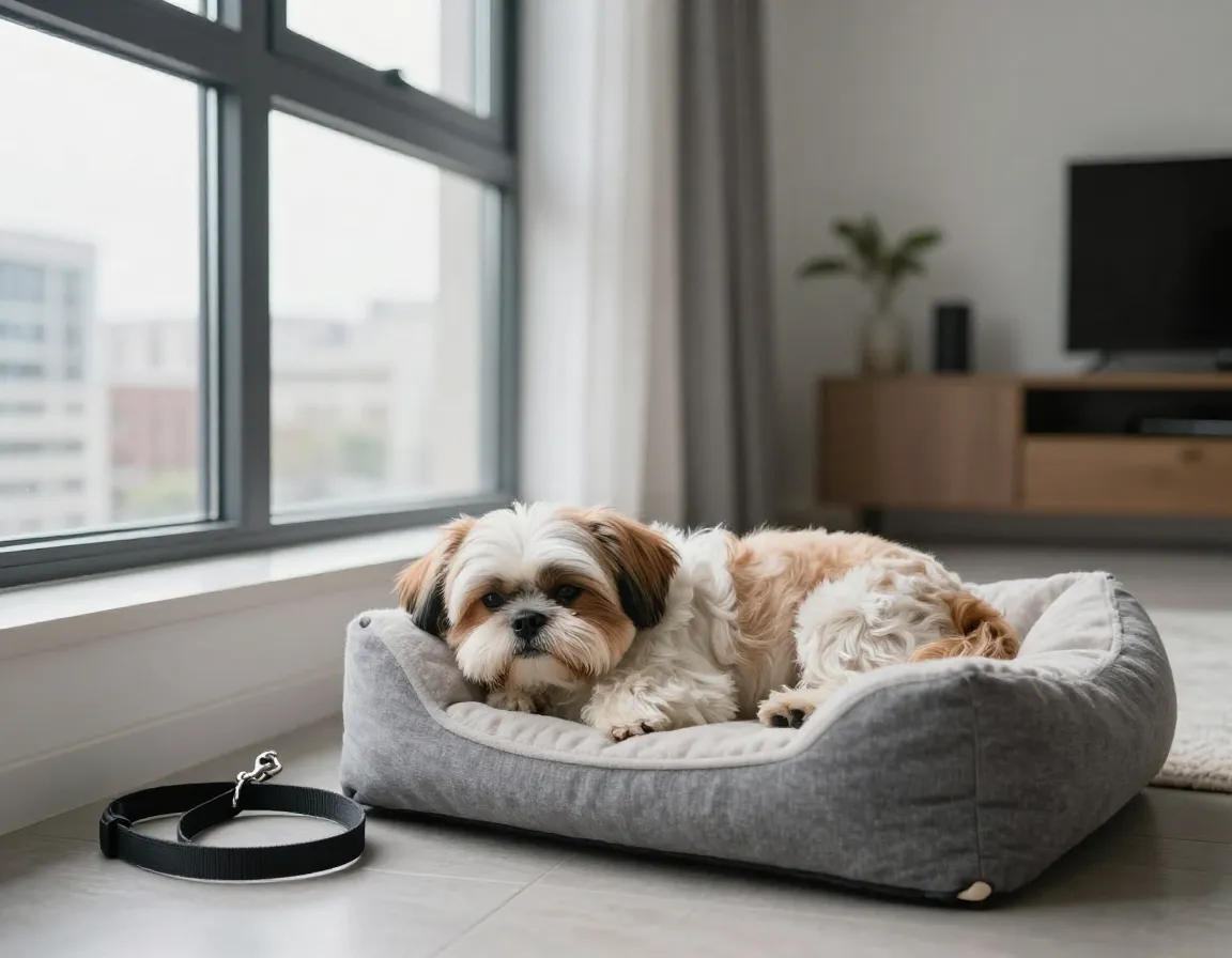 Relaxed shih tzu on bed in modern apartment interior
