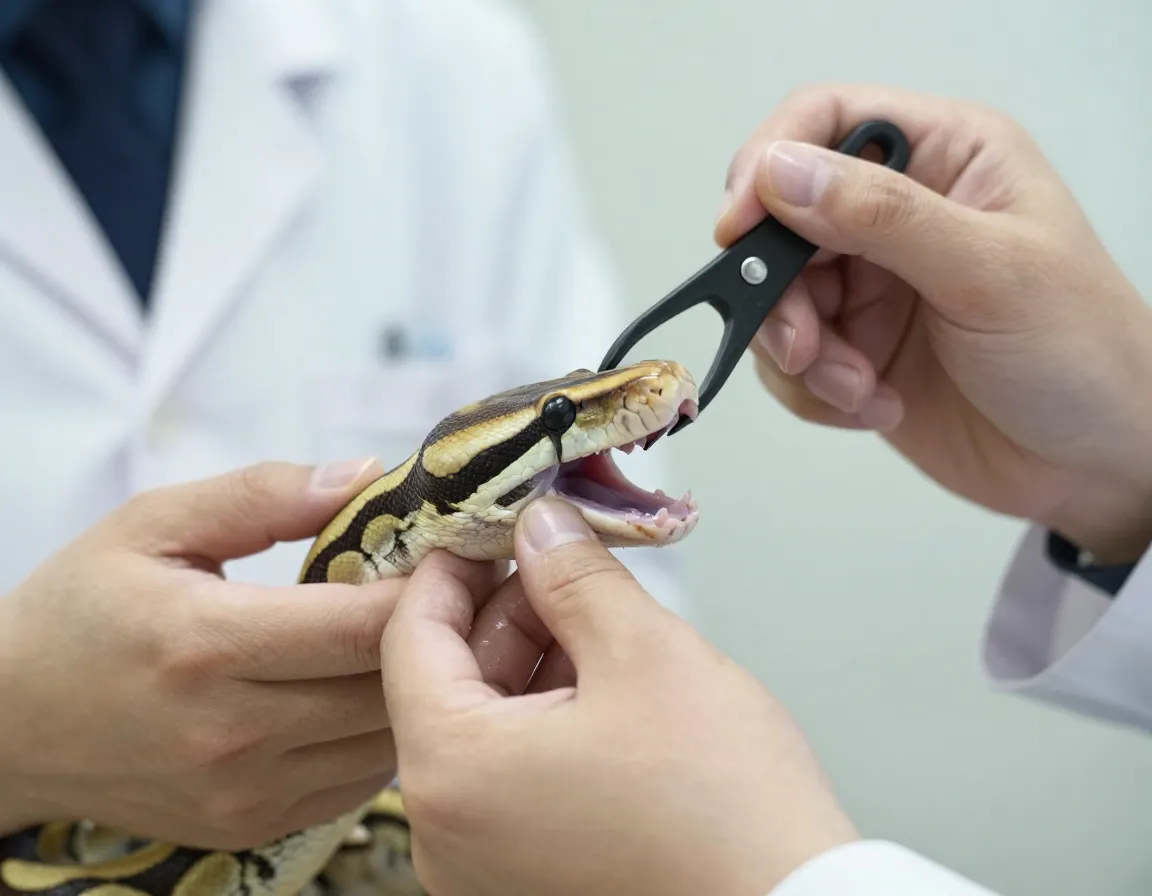 Veterinarian hands examining ball python mouth with speculum