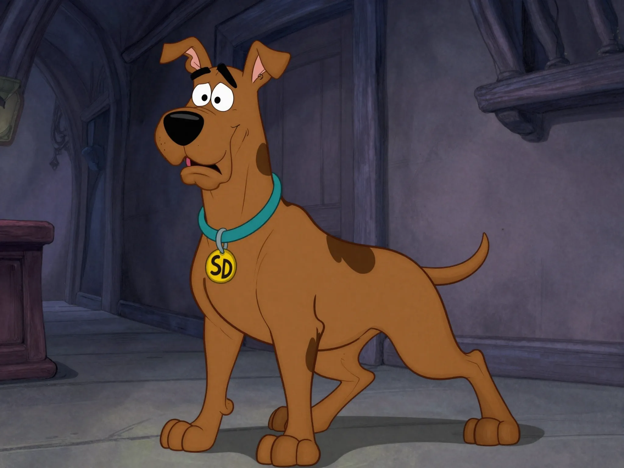 Brown great dane looking scared behind his human friend