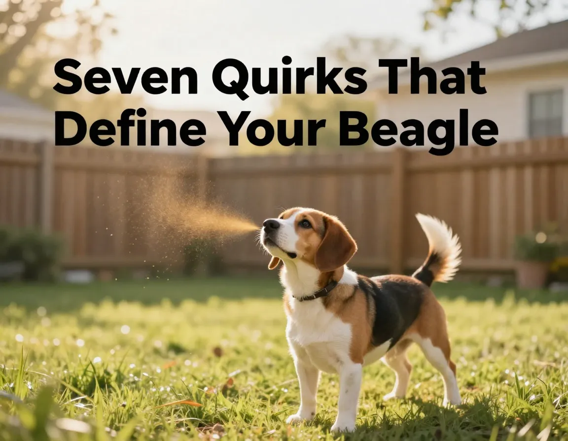 Beagle sniffs golden scent trail in secure sunlit backyard