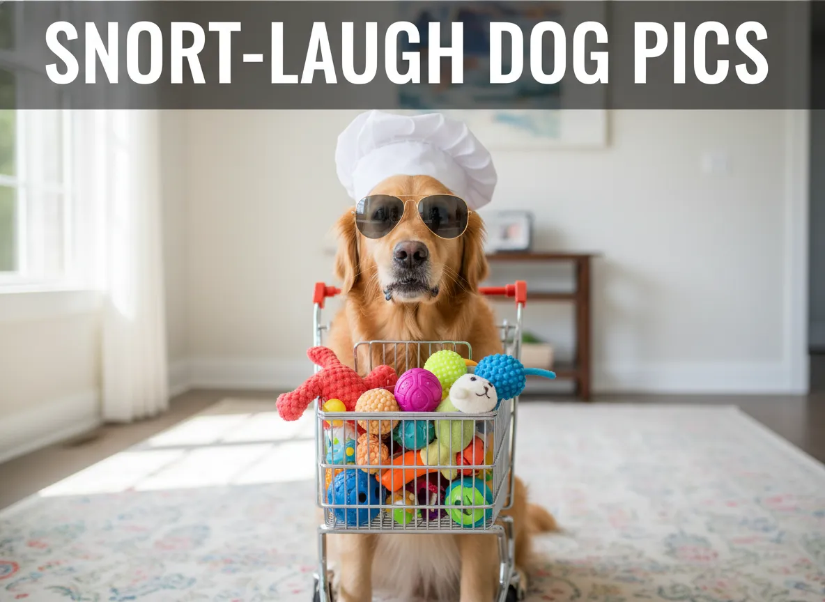 Dog in sunglasses chef hat shopping cart serious expression comedy