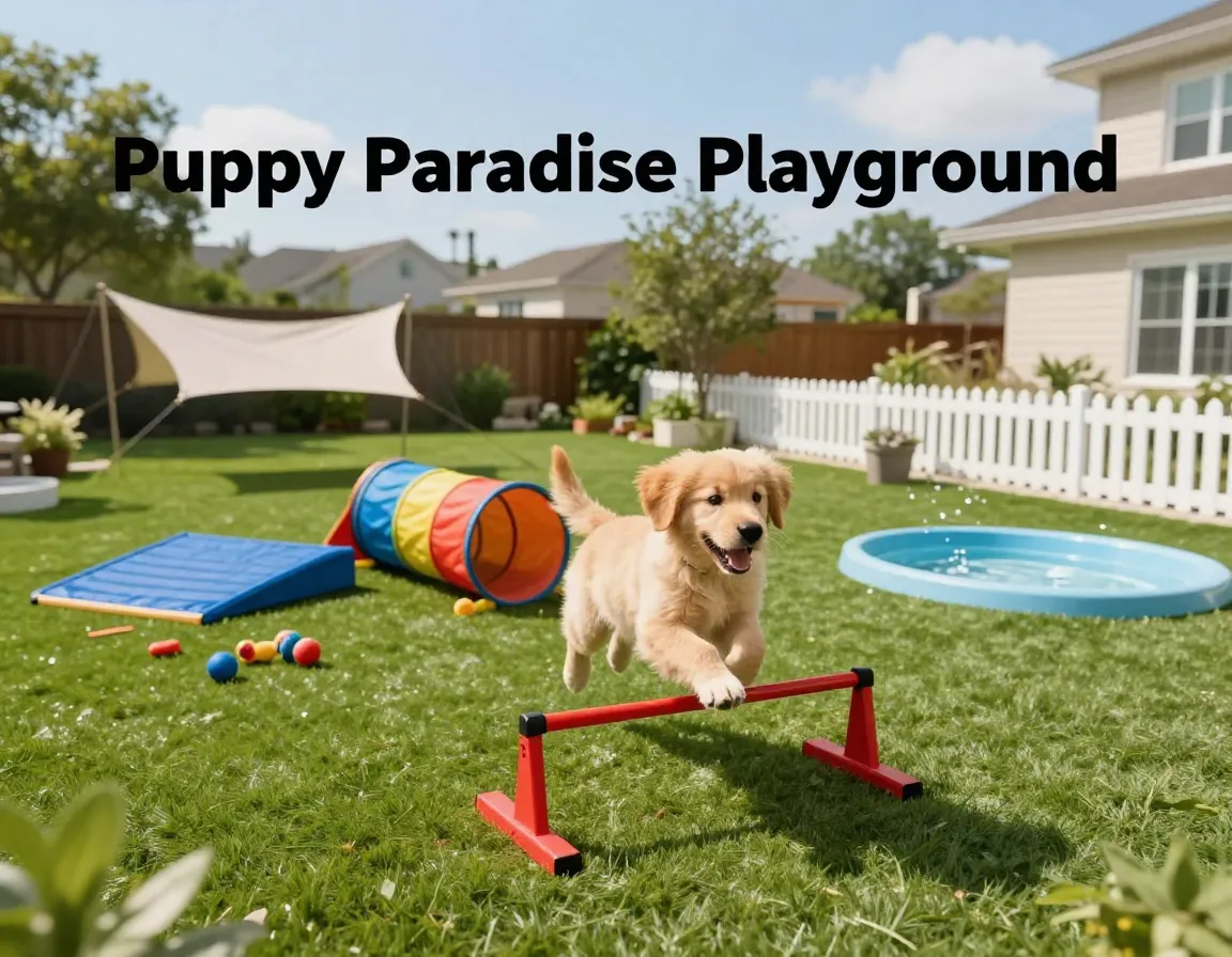 Golden retriever puppy agility jump backyard play equipment
