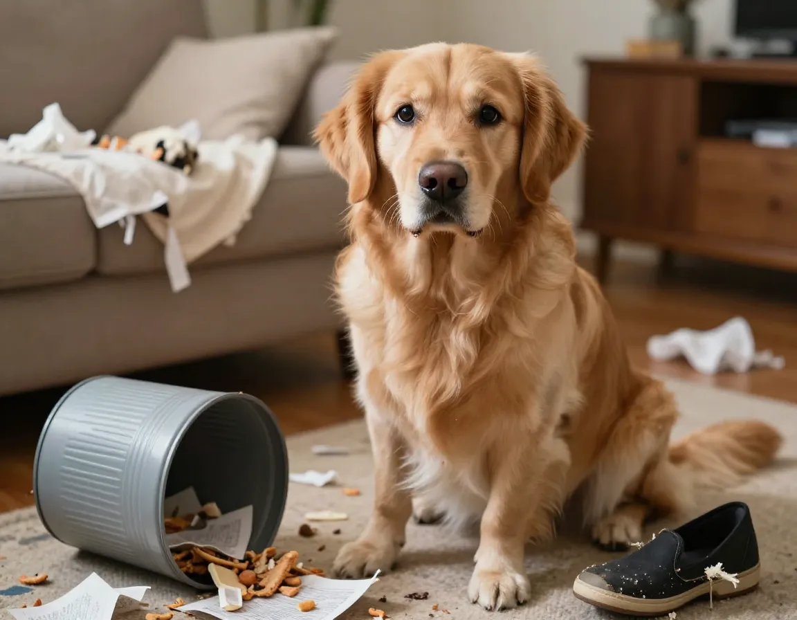 A golden retriever dog looking innocent with mischievous evidence around