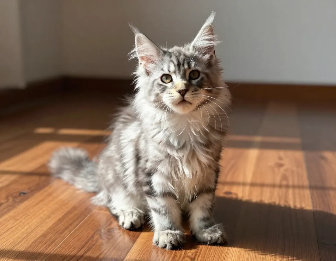 Fluffy maine coon kitten with tufted ears on wooden floor