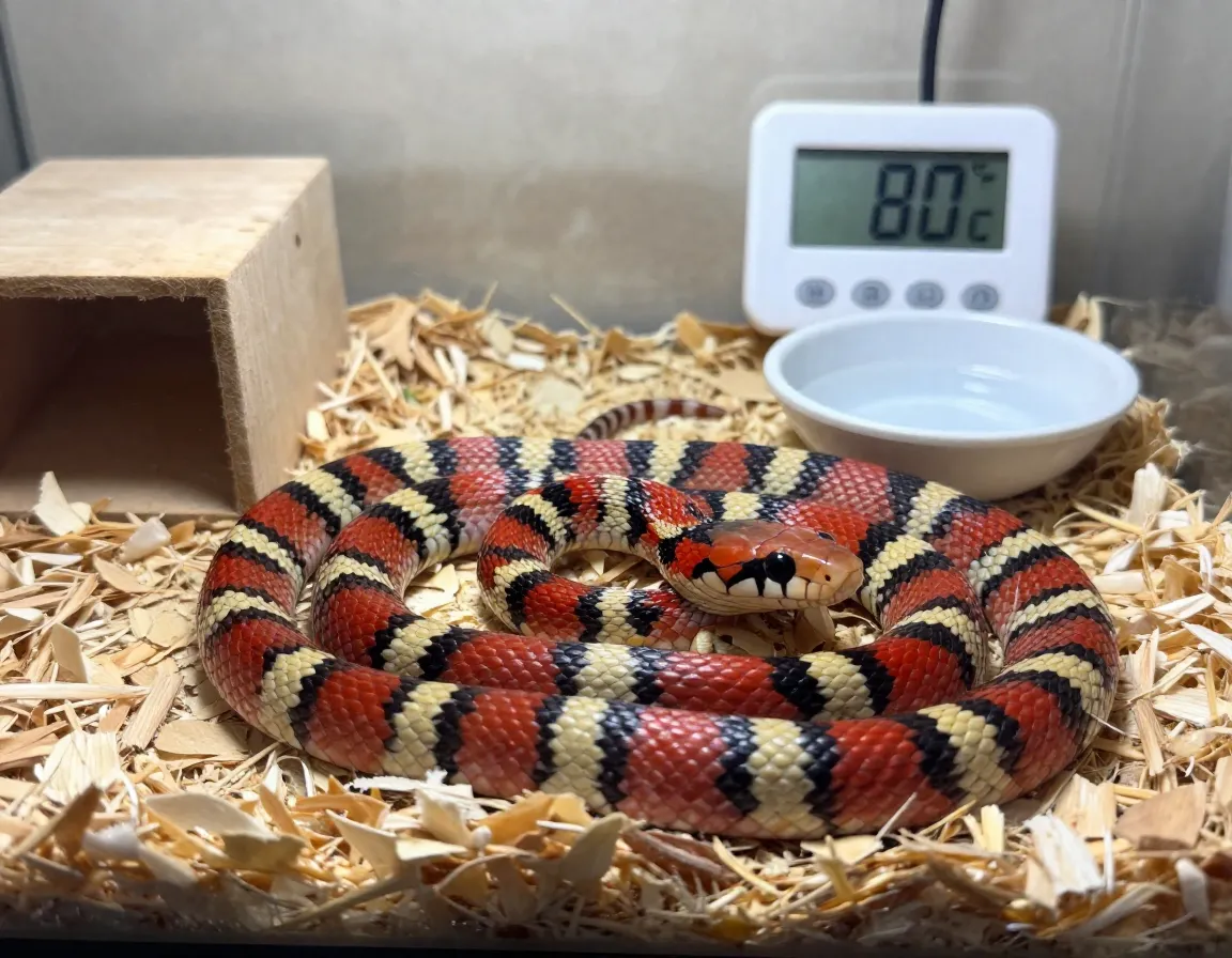 Hardy eastern milk snake resting in stable temperature enclosure