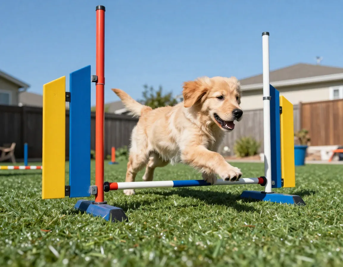 Puppy weaving through colorful low hurdles in sunny backyard