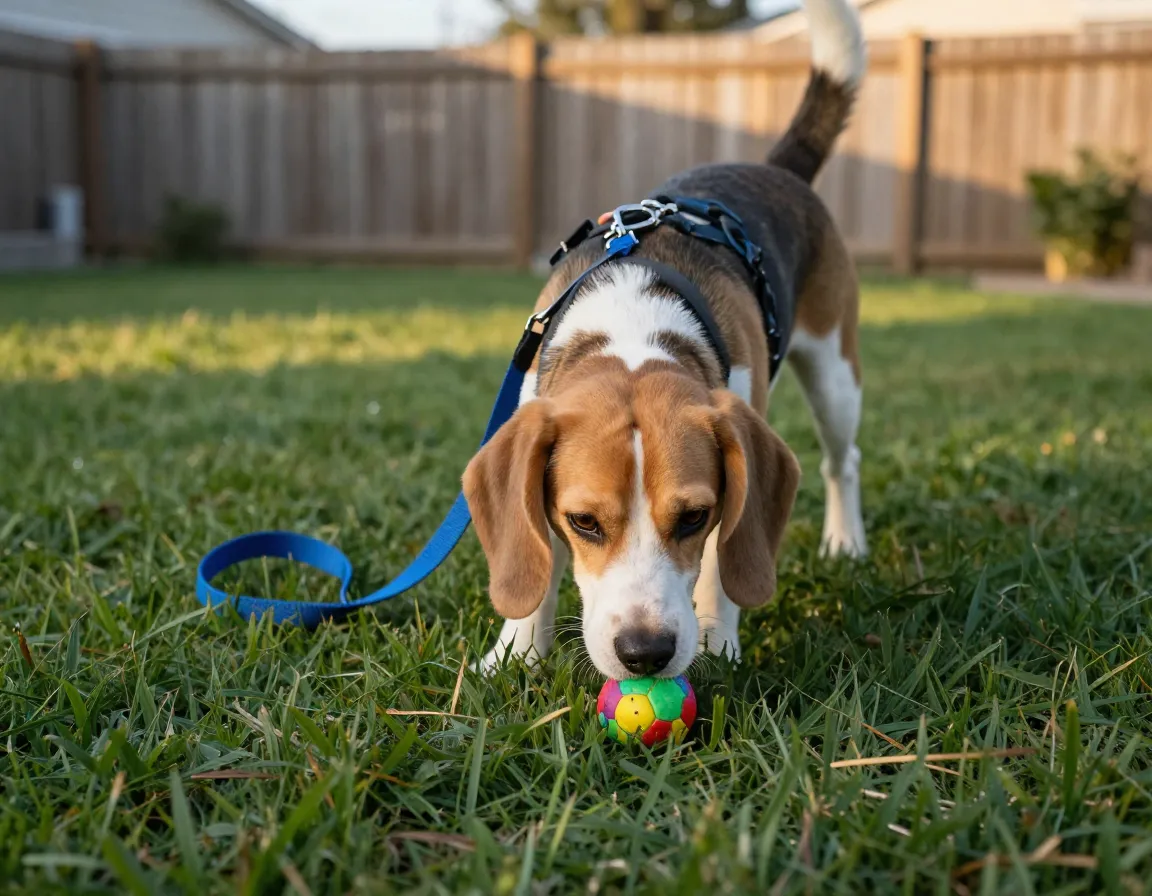 Scent driven beagle ignoring toy nose down on backyard lawn