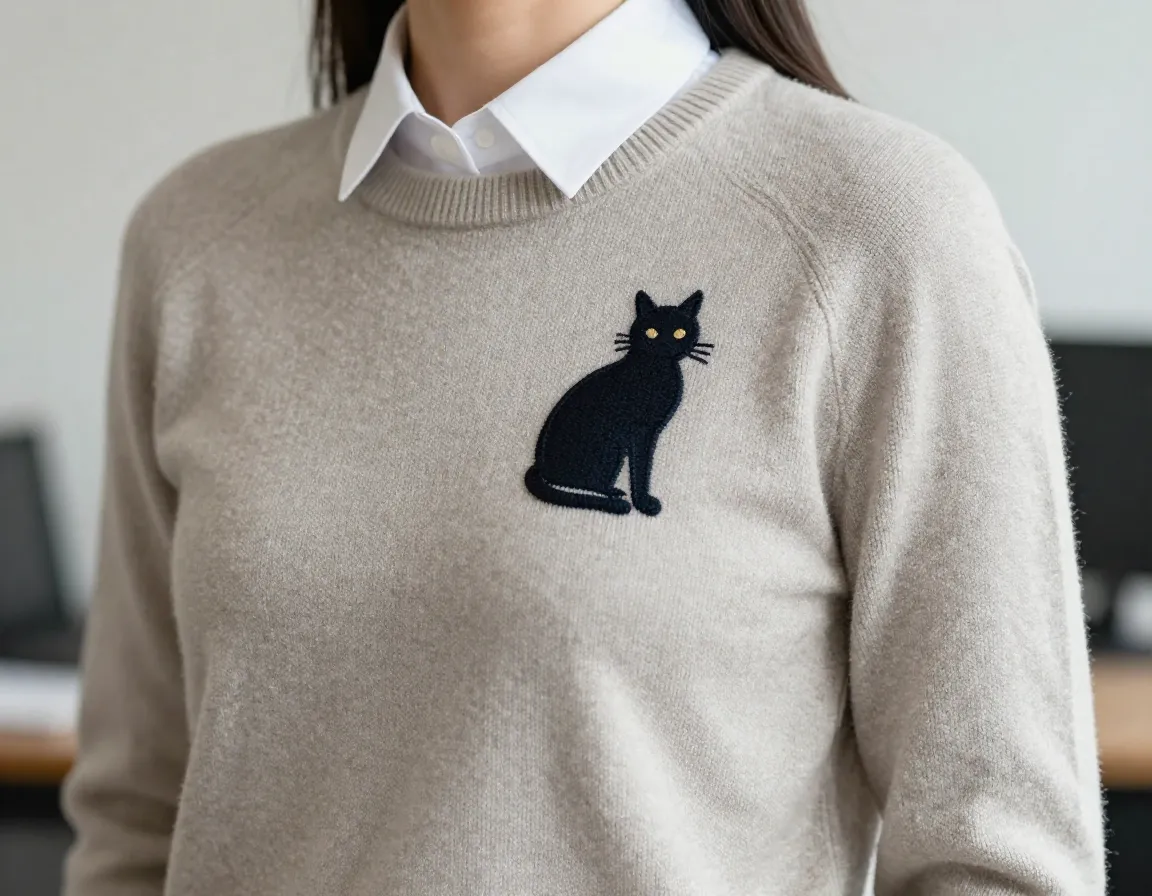 Sophisticated embroidered cat silhouette sweater professional setting