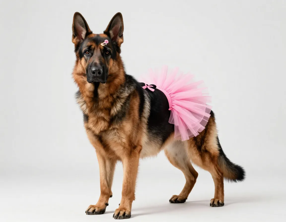 A large german shepherd dog wearing a tiny pink tutu with serious expression