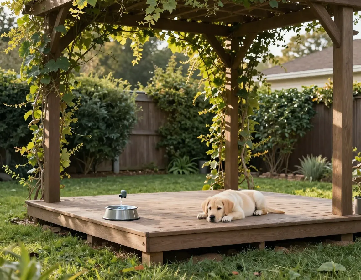 Puppy resting on shaded elevated platform with water bowl