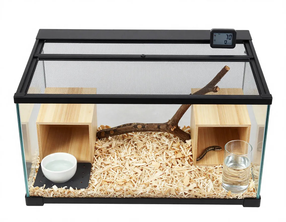 Top down view of complete beginner snake enclosure setup