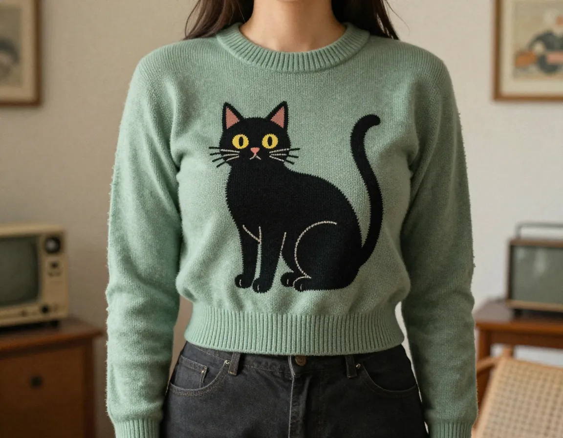 Vintage stylized cat illustration cropped sweater retro aesthetic