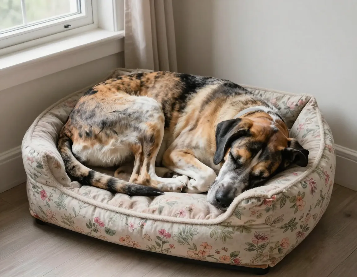 A large great dane dog curled awkwardly into a tiny floral cat bed