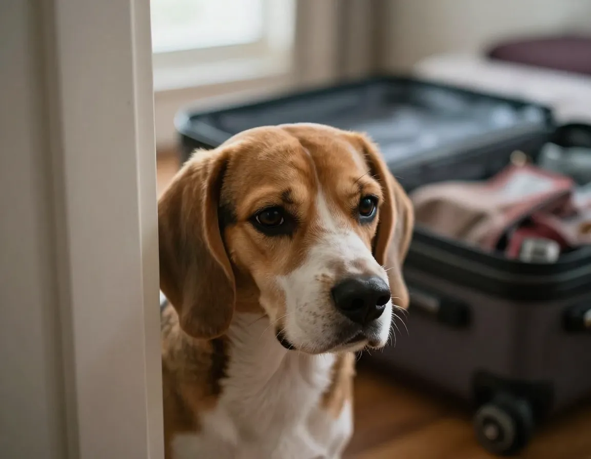 Anxious beagle peeking from behind door at packed suitcase