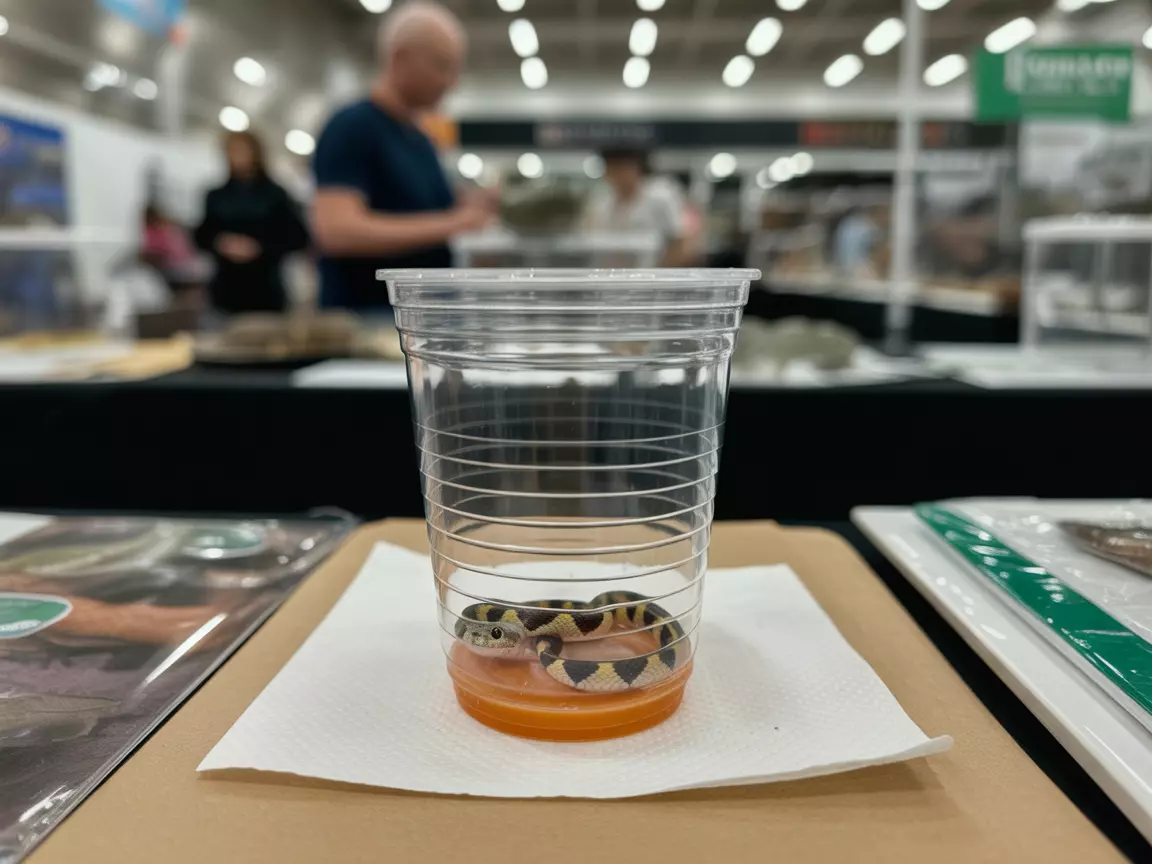 Juvenile milk snake in cup at reptile expo table