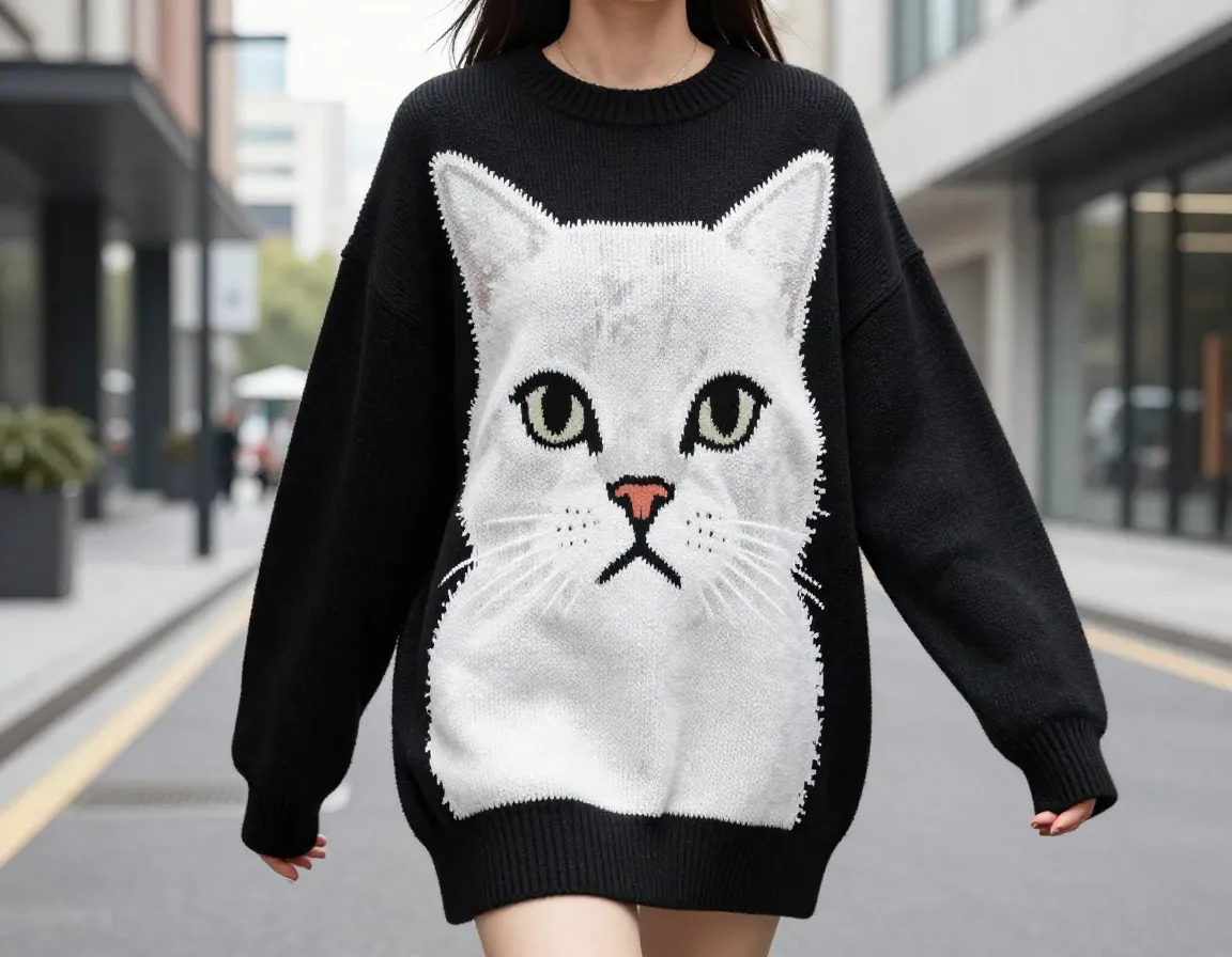 Oversized bold graphic cat print sweater urban street style