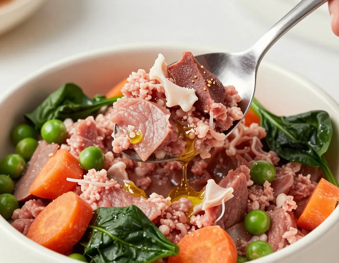 Pork and vegetable medley in dog food bowl
