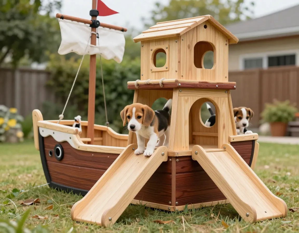 Puppy exploring playful pirate ship themed climbing structure
