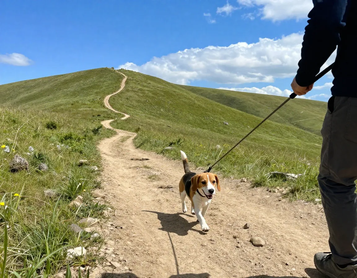 Beagle energetically hiking on sunny hillside trail with owner